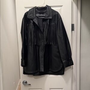 Mango Black Leather Jacket with Fringe